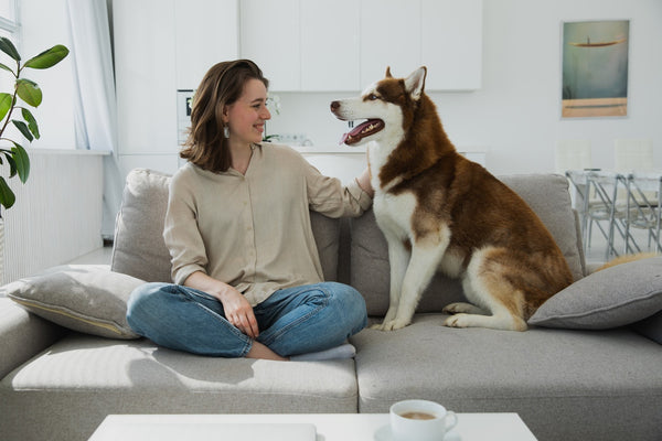 Smiling Woman with Dog on Sofa