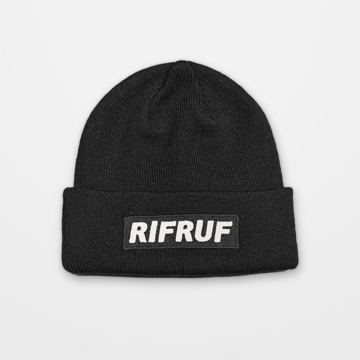 RIFRUF Beanie in black with RIFRUF box logo patch on the cuff
