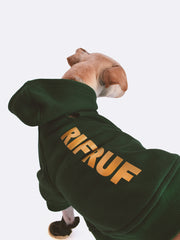 RIFRUF Essential Dog Hoodie Olive With Dog Wearing In Studio Back View