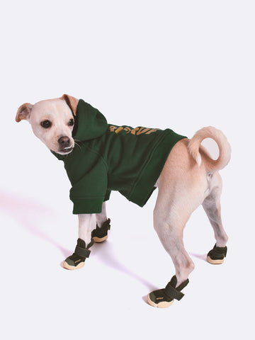 RIFRUF Essential Dog Hoodie Olive With Dog Wearing In Studio Side View