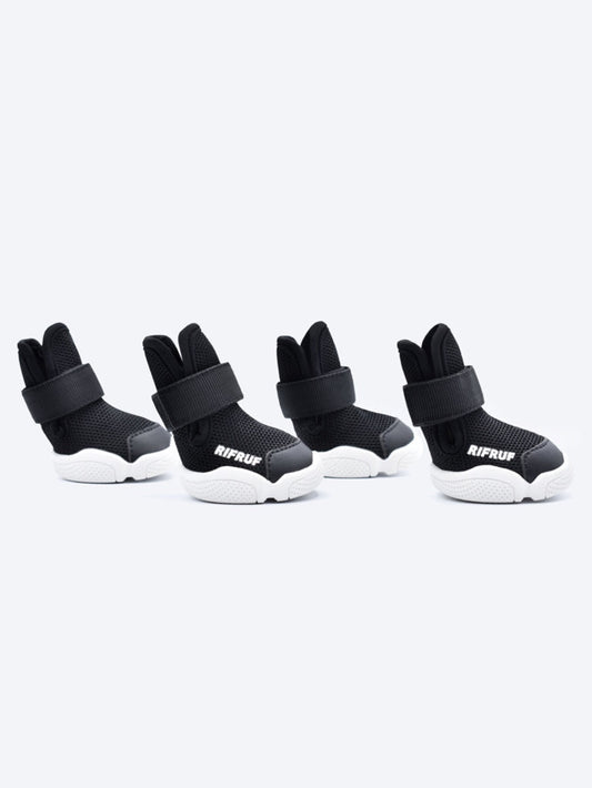 Black RIFRUF Caesar 1 Dog Shoes Four Pieces in White Studio Background